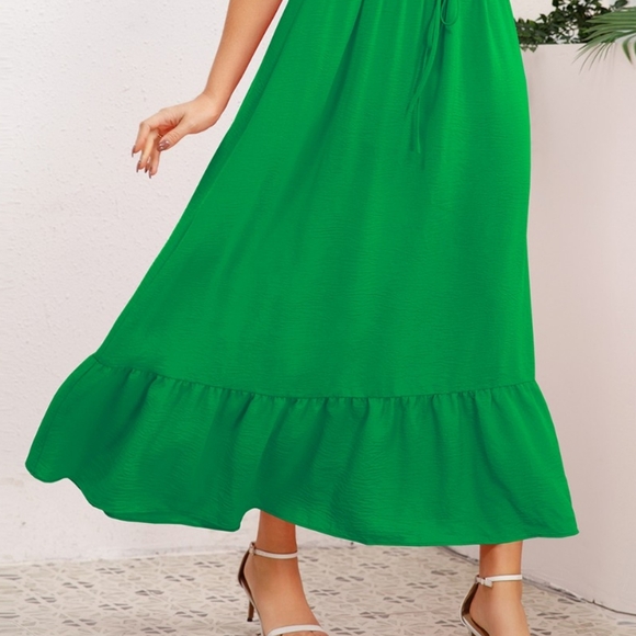 (Out Of Stock) Green Smocked Crisscross Spaghetti Strap Dress - Picture 3 of 10